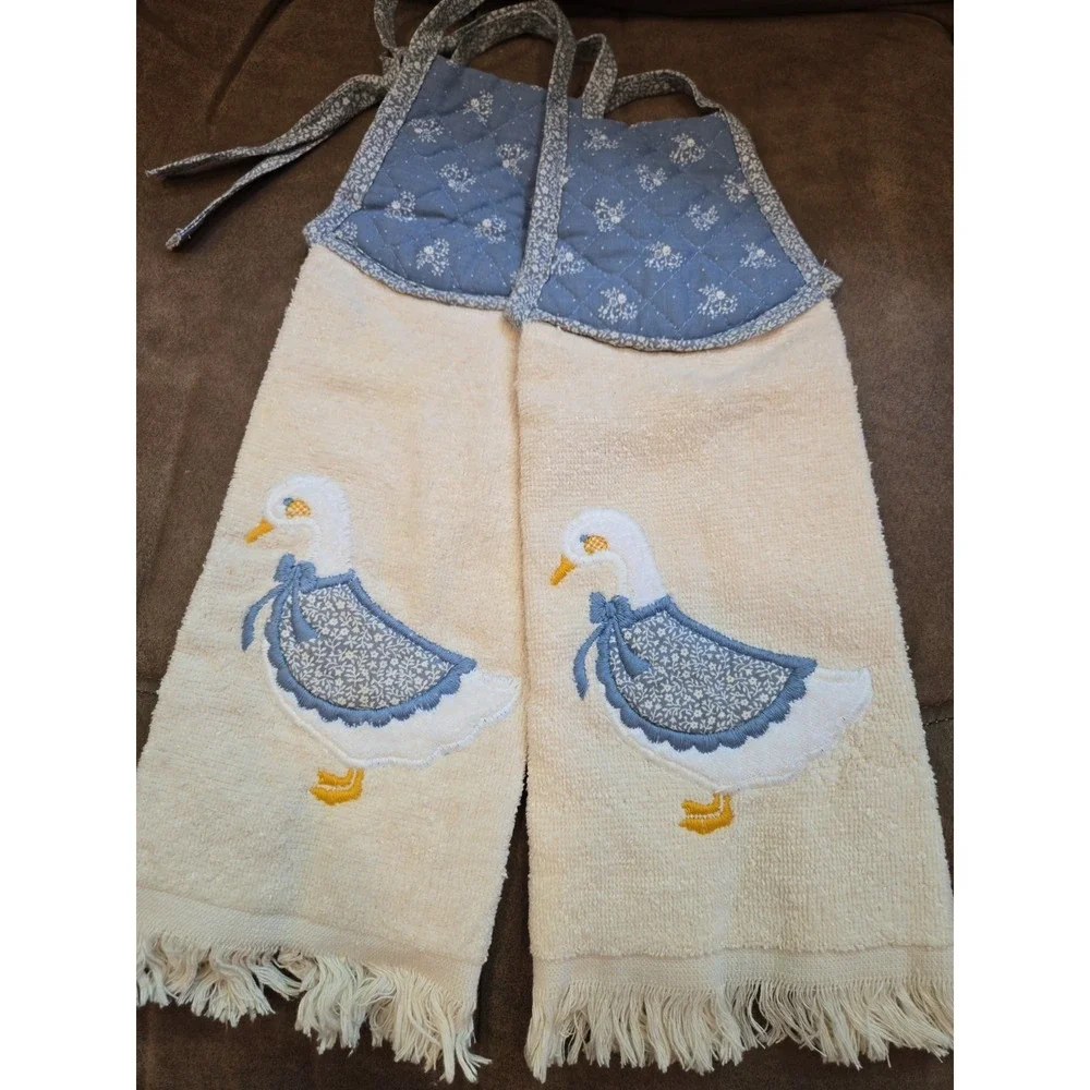 Kitchen Hand Towel Calico Goose Cottage Granny Core Cannon Mills Bow Blue Apron